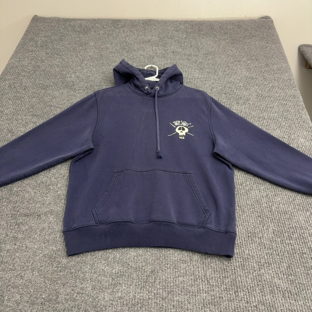 Stussy Hoodie Mens S Blue Cotton Skull Crossbones Graphic Streetwear Skate